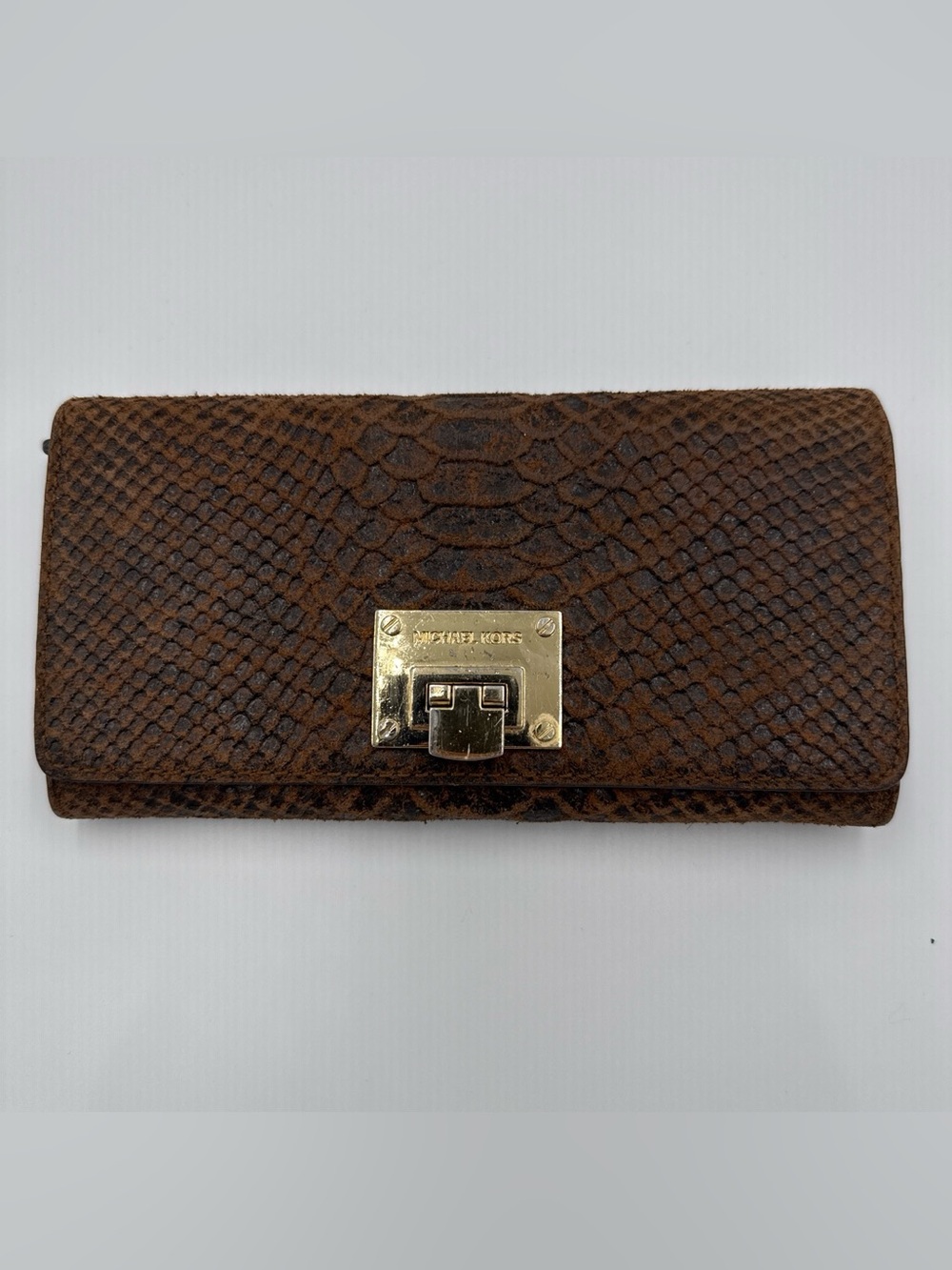 Michael Kors Brown Snake-Embossed Wallet with Gold Hardware